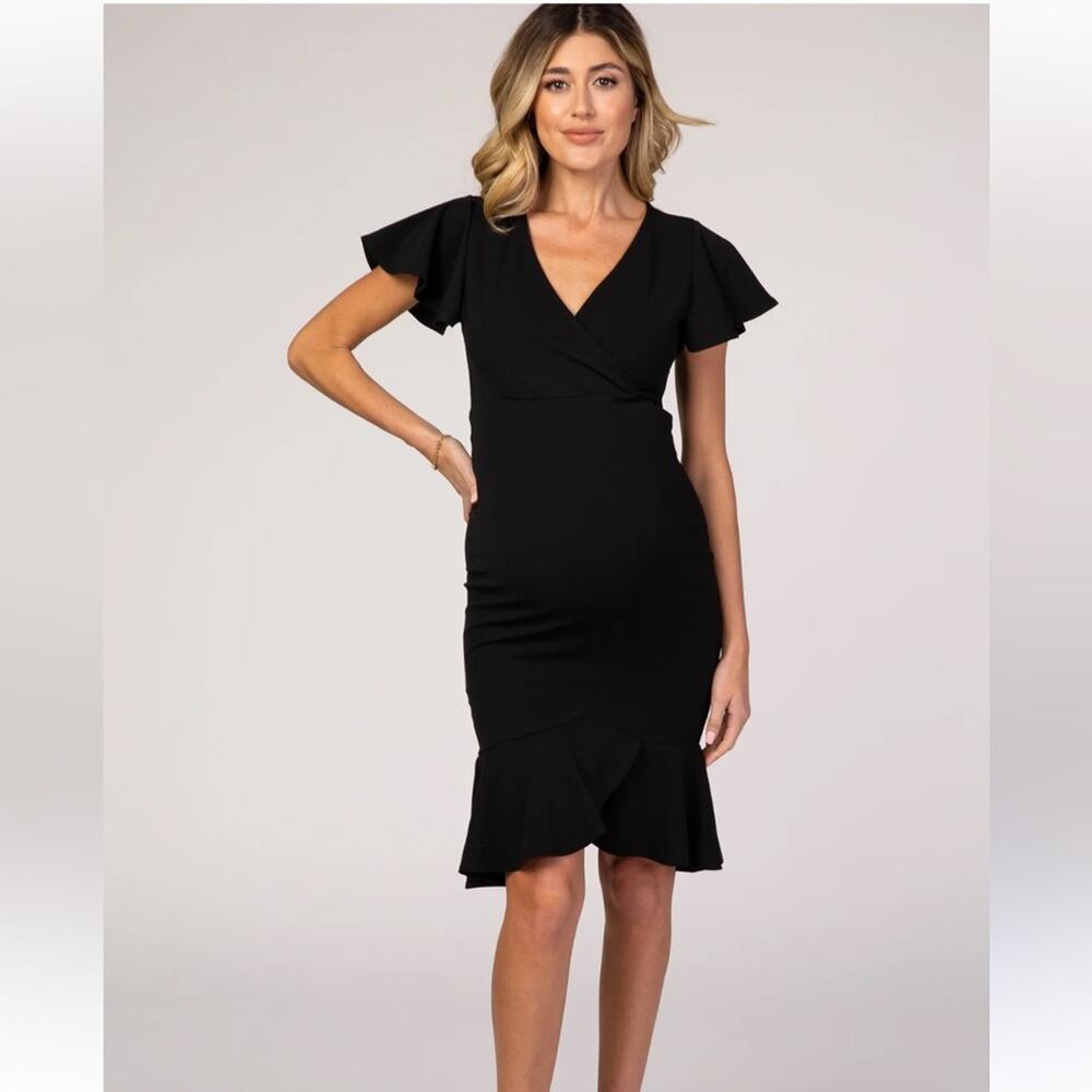 PinkBlush Black Ruffle Accent Fitted Maternity Wrap Dress Size Medium NWT